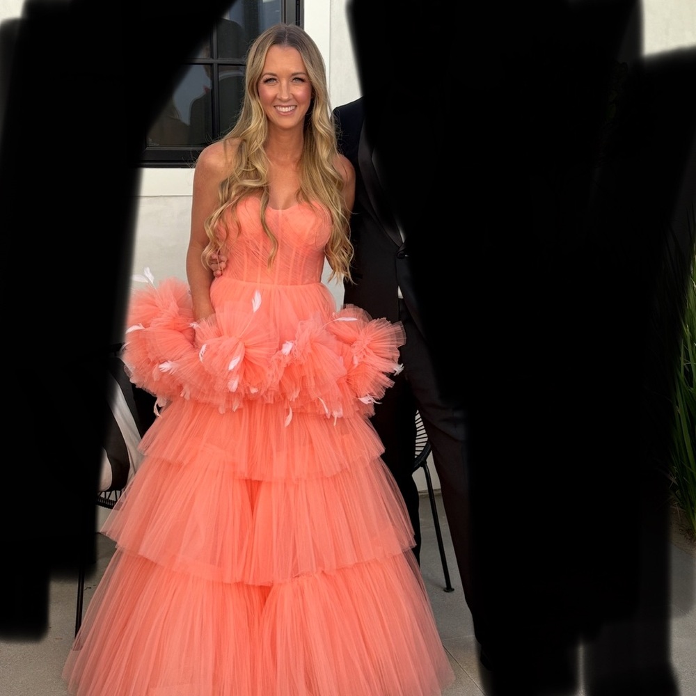Mac Duggal Peach Strapless Tiered Tulle Gown